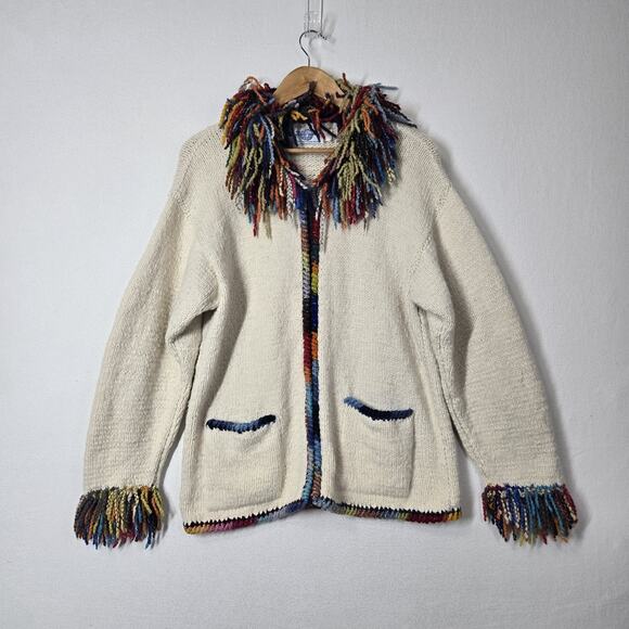 The Sweater Venture Hand Knit Wool Alpaca Cardigan Ivory Multi Fringe Zip Front - Picture 15 of 15